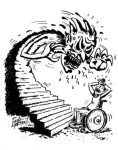 La “Scalamostro” di Paolo Malgrati (vignetta già pubblicata in «DM» n. 174, luglio 2011, e qui ripresa per gentile concessione dell'Autore e della UILDM - Unione Italiana Lotta alla Distrofia Muscolare - che detiene l'utilizzo esclusivo del disegno).